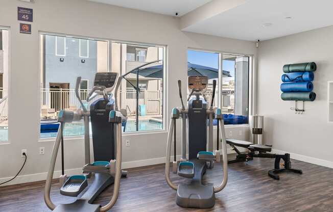 our apartments have a gym with a treadmill and elliptical at Loma Villas Apartments, California