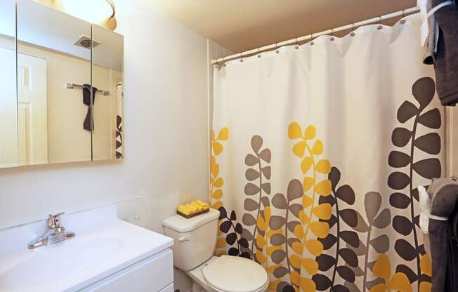 a bathroom with a shower curtain and a sink and a toilet