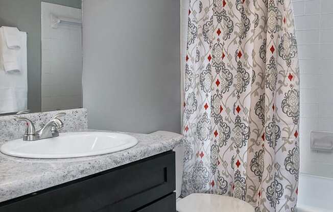 Bathroom with Wood Style Flooring and Black Vanity with Granite Countertop