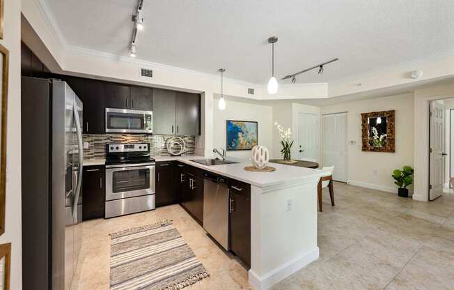 a kitchen with stainless steel appliances and a white island