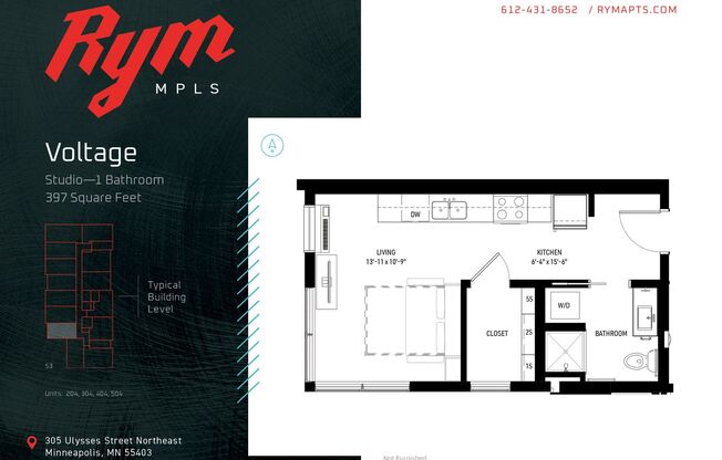 Studio, 1 bath, 397 sqft, $1,135, Unit 304
