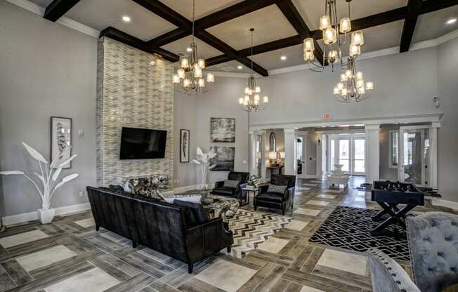 the preserve at ballantyne commons lobby with furniture and chandeliers