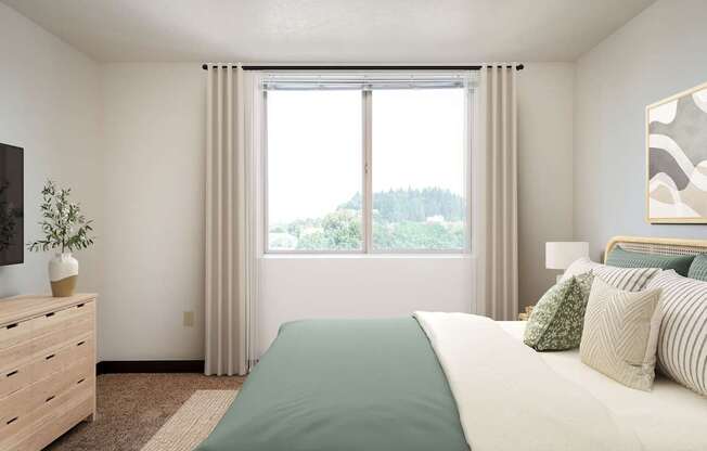 a bedroom with a large window and a bed with pillows