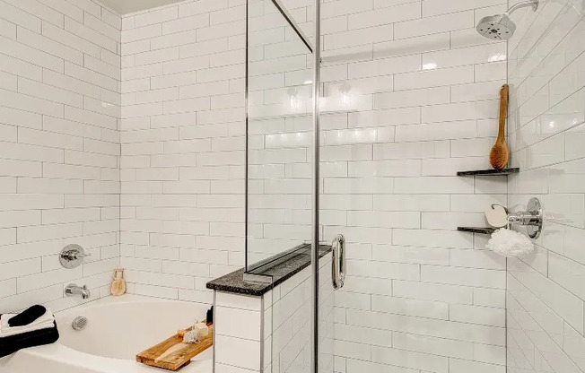 Close up of a walk-in shower in a Grapevine TX apartment bathroom.