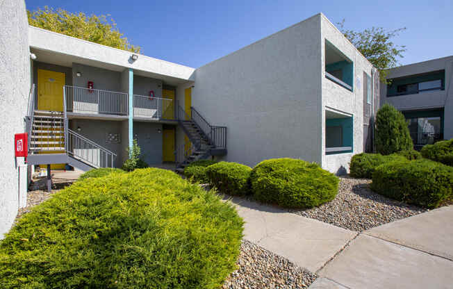 Building exterior and stairs at Villas Del Cielo Aprartments in Albuquerque New Mexico October 2020