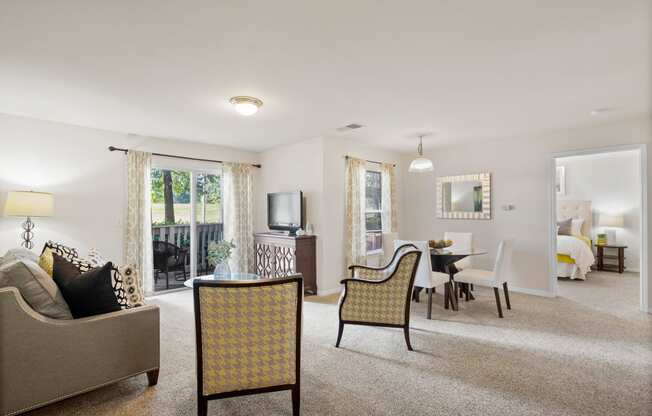 our apartments offer a living room with a fireplace and a dining area