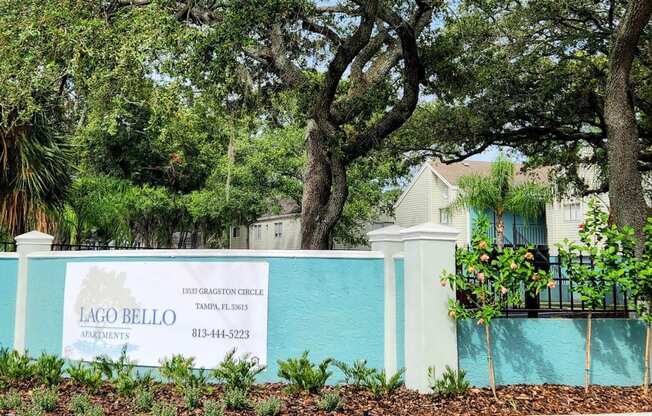 Monument sign at property entrance at Lago Bello Apartments