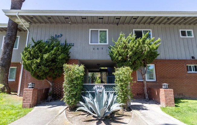 an exterior view of an apartment building with a plant in front