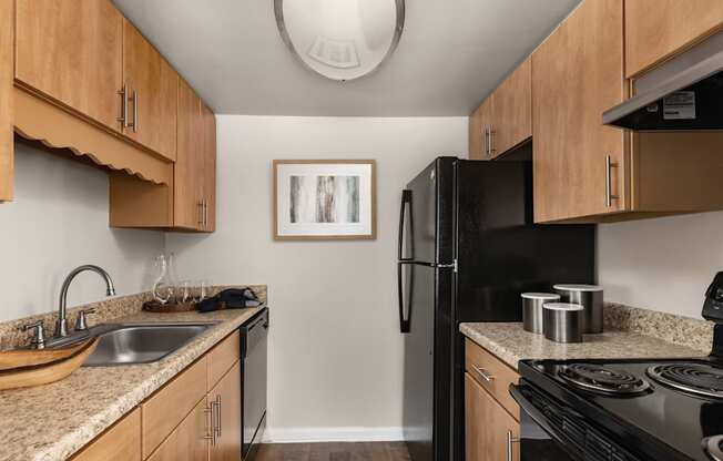 A kitchen with a black fridge and stove.