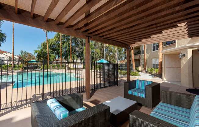 Pool Lounge Seating at 55+ FountainGlen Rancho Santa Margarita, Rancho Santa Margarita, California