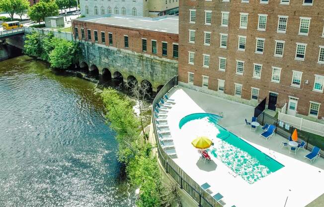 Mass Mills apartments in lowell pool overhanging the merrimack river