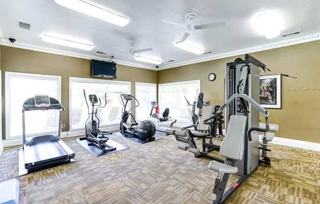 A well-equipped home gym with a variety of exercise machines.