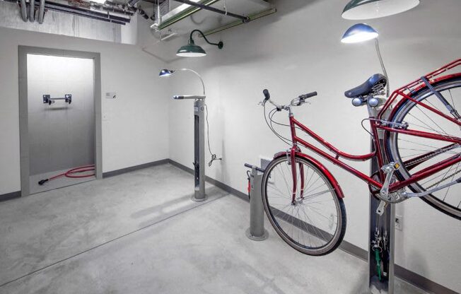 The Wilmore bike locker room with bike hanging