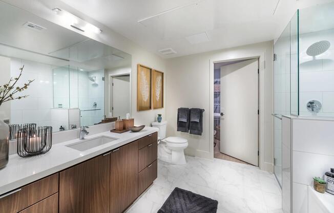 Spa‑inspired bathroom with premium countertops and refined finishes.