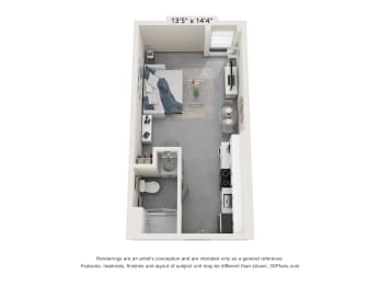 Studio, 1 bath, 376 sqft, $1,618