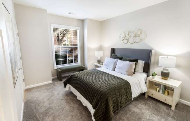 a bedroom with a large bed and a window