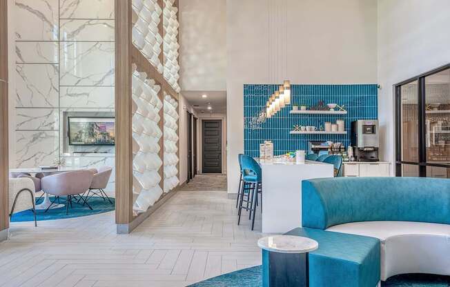 A modern interior with a blue and white color scheme.