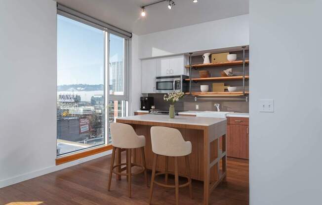 A kitchen with a view of the city.