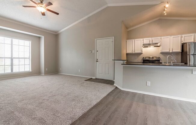 Carpet, Gray Hand Scraped Wood Style Flooring-Dining Room, Living Room
