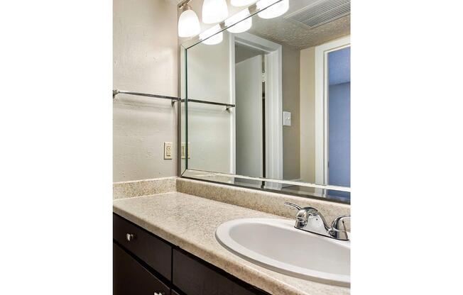 a double sink and large mirror