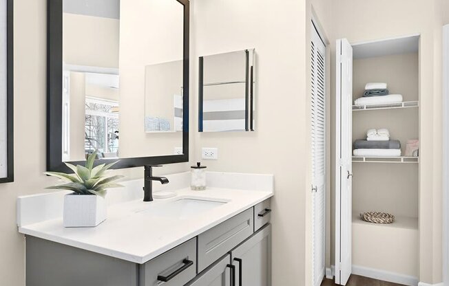 bathroom with modern gray cabinets and a standing shower at a Farmington Lakes home