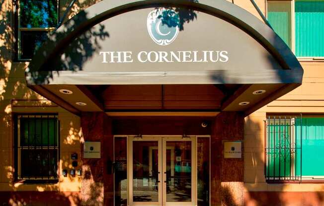 Apartment entrance with a canopy.