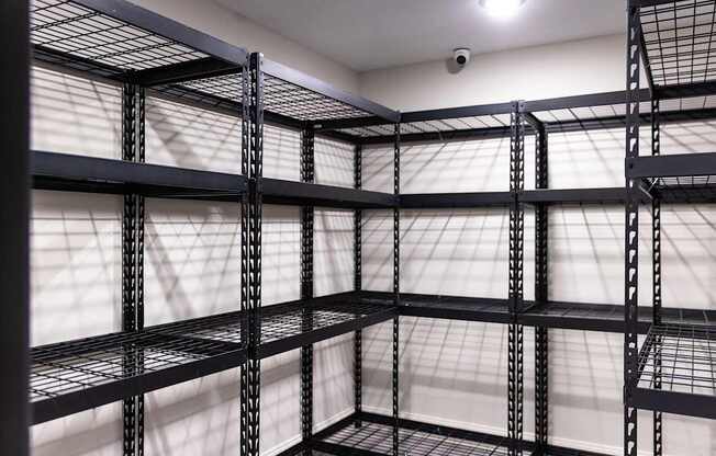 A series of black metal shelving units are lined up in a room.