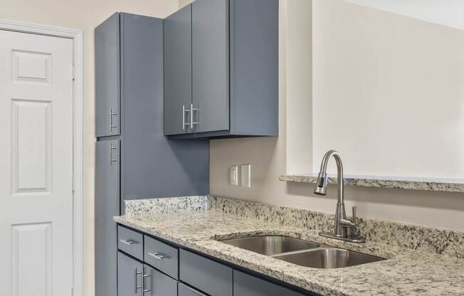 A kitchen with a sink and cabinets.