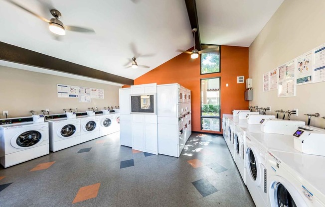 Large resident laundry room with new washing machines and clothes dryers