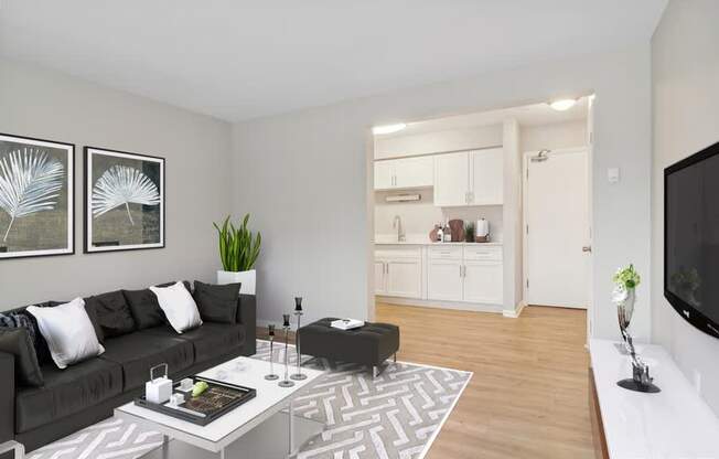 A modern living room with a grey sofa, a coffee table, and a TV on the wall.