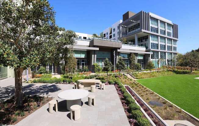 A modern building with a green lawn in front.