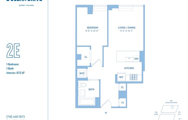 1 bed, 1 bath, 673 sqft, $2,930, Unit W02E