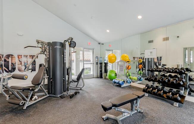 a workout room with weights and cardio equipment at the preserve at great pond apartments in windsor  at Laguna Gardens Apts., Laguna Niguel, California