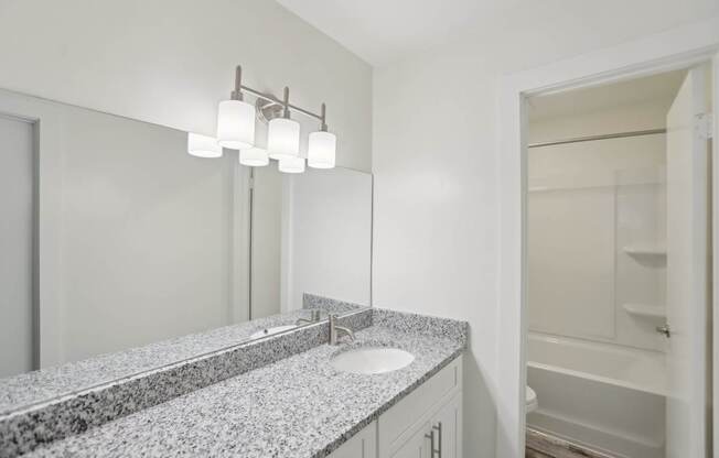A bathroom with a granite countertop and a large mirror.
