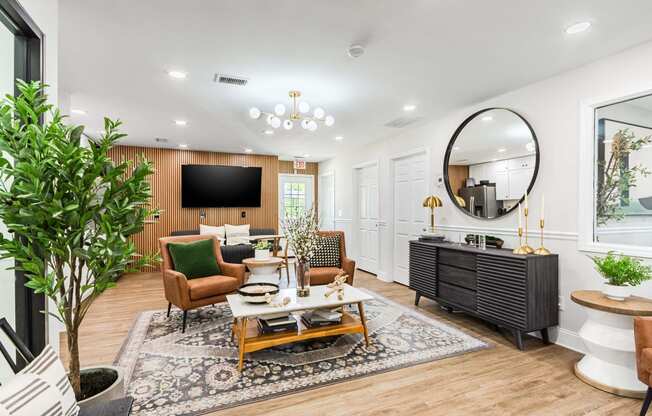 a living room with a couch and a table