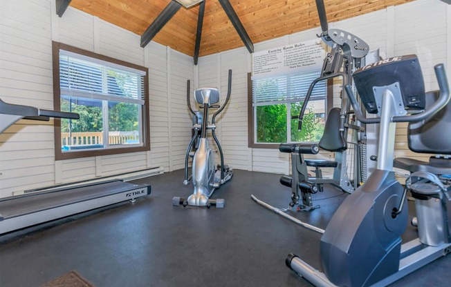 our gym is equipped with a variety of exercise equipment at Lincoln Village Apartments, Spokane Washington