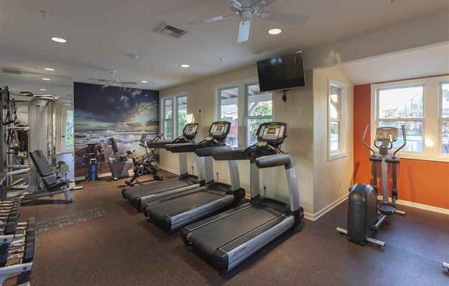 Goleta Apartments-Sumida Gardens-Fitness Center with Large Windows, Ceiling Fans, Exercise Equipment, and a TV