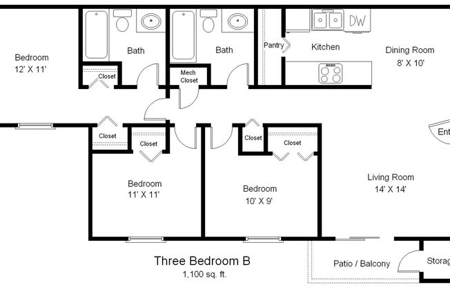 3 beds, 2 baths, 1,100 sqft, $1,160, Unit 9G