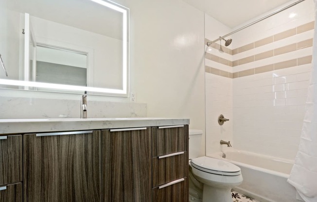 Bathroom with single vanity, quartz countertops, LED mirrored lights, wood cabinets, hot tub and shower combo