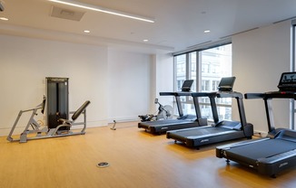 A gym with treadmills, a stationary bike, and a rowing machine.