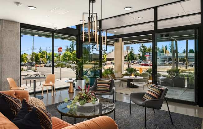 A modern living room with a view of the street outside.