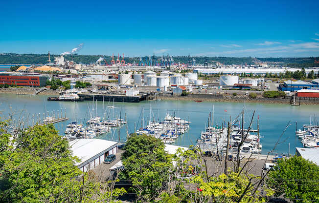 A view of a harbor with boats and industrial buildings.