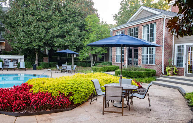 Tables and Chairs on Pool Deck at Polos at Hudson Corners Apartments, South Carolina 29650