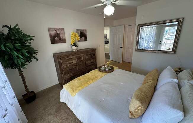 A bedroom with a bed, dresser, and a plant.