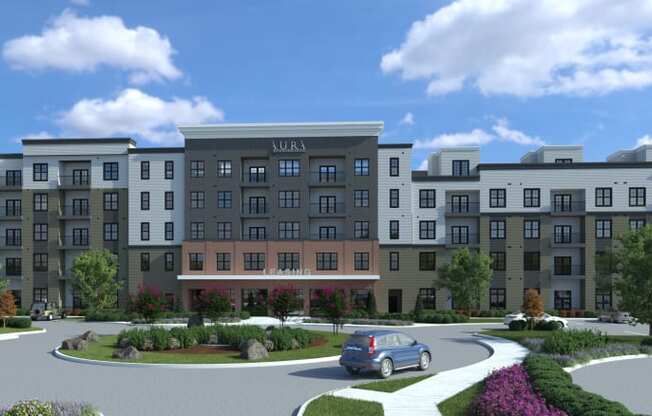a rendering of an apartment building with cars parked in front of it at Aura Stonebridge, Richmond, VA 23225