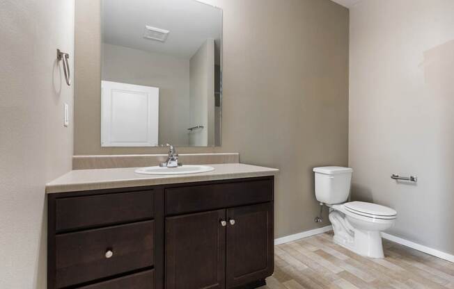 A bathroom with a white toilet and a vanity with a mirror.