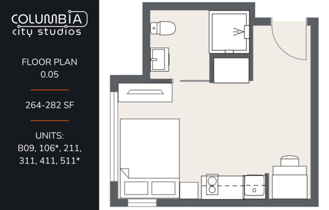 Studio, 1 bath, 264 sqft, $1,080, Unit B09