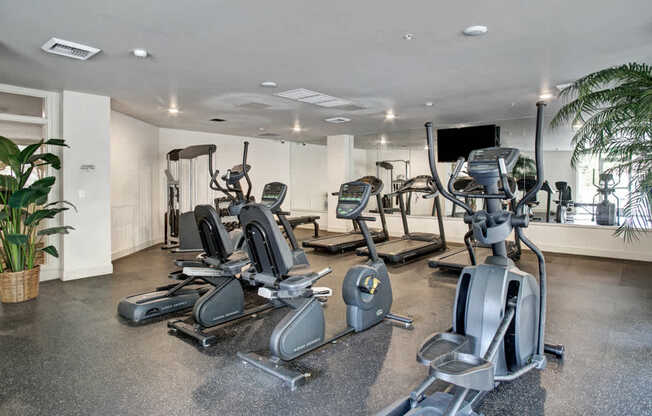 A well-equipped fitness center here at Heritage Hills featuring multiple cardio machines including treadmills, elliptical trainers, and stationary bikes arranged on rubber flooring. The space includes wall mirrors, mounted TVs, potted greenery, and bright overhead lighting, creating an open and functional workout environment for residents.