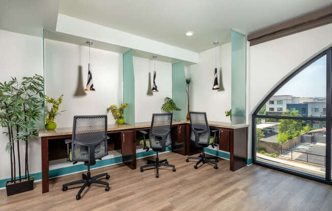 A modern office with a view of the city.