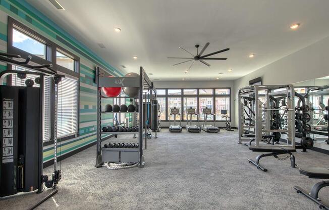 a workout room with weights and a ceiling fan
